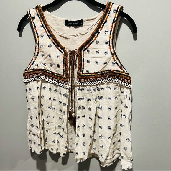 Zara NWOT Embroidered Crop Sleeveless Open Cardigan Tassel Tie Vest/Blouse - Picture 5 of 11